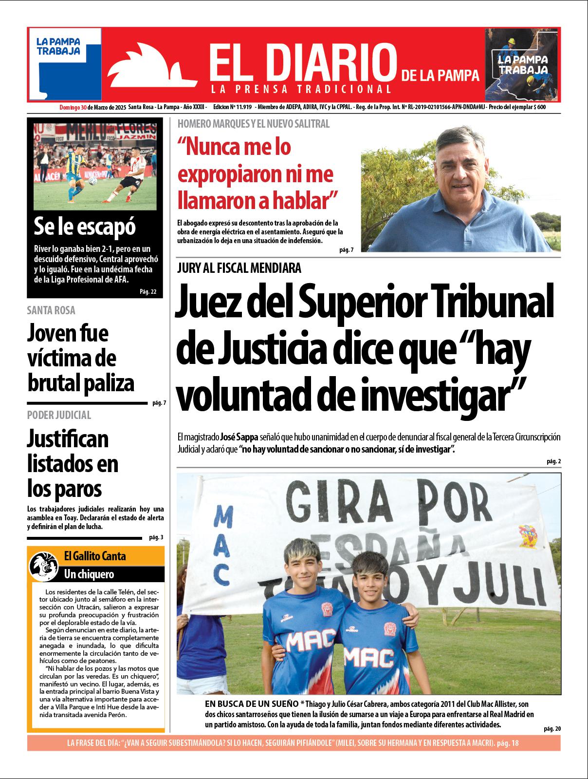 Tapa de El Diario en papel  domingo 30 de marzo de 2025